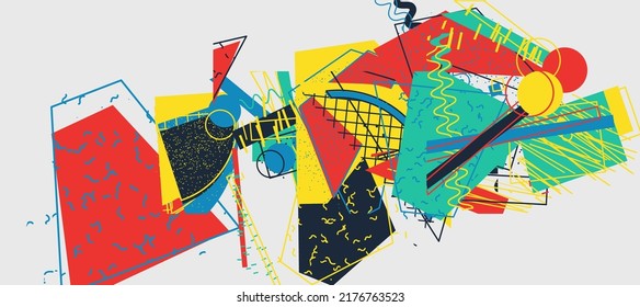 Unusual Strange Vector  Trendy Geometric Chaos Shapes Composition Background In Antidesign Maximalism Collage Teknik. Acid Figures, Distortion, Variety Of Kinks And Transformations.