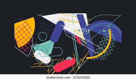 Unusual Strange Vector  Trendy Geometric Chaos Shapes Composition Background In Antidesign Maximalism Collage Teknik. Acid Figures, Distortion, Variety Of Kinks And Transformations.