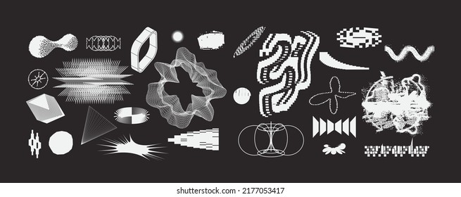 Unusual Strange Vector  Trendy Geometric Chaos Shapes Composition Background In Antidesign Maximalism Collage Technique. Acid Figures, Distortion, Variety Of Kinks And Transformations.