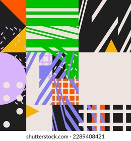 Unusual Strange Vector  Trendy Geometric Chaos Shapes Composition Background In Antidesign Maximalism Collage Technique. Acid Figures, Distortion, Variety Of Kinks And Transformations.
