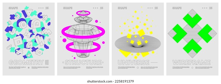 Unusual strange wireframes anti-design vector set posters inspired by brutalism, Shapes psychedelic contemporary composition artwork in Y2k trendy style, minimalistic hipster colored digital collage