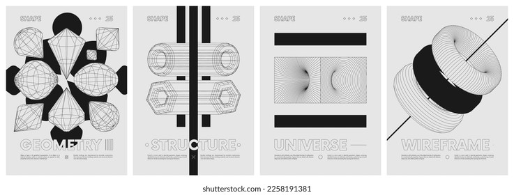 Unusual strange wireframes anti-design vector set posters inspired by brutalism, Shapes psychedelic composition in Y2k trendy style, Geometric figures, distortion and transformations