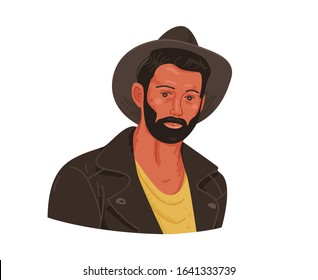 Unusual stylish man, in a cowboy hat trending style. Real man portrait avatar - hand drawn. Hipster man portrait, guy in a leather jacket print in sketch style. Vector concept face avatar, icon.