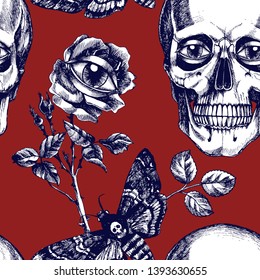 Unusual and surreal texture with skulls, roses, eyes and Death's head hawk moths. Hand-drawn vector seamless pattern for your mystic design.