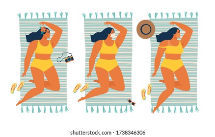 Unusual tan. Girl sunbathing in a protective mask during quarantine summer time.