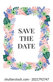 An unusual template for a wedding invitation, postcards, posters. A unique floral illustration enclosed in a rectangular composition for printing on fabric, clothing, accessories, dishes and much more