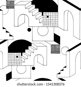 Unusual texture with abstract constructions in modern art style. Hand-drawn vector seamless pattern for your contemporary design.