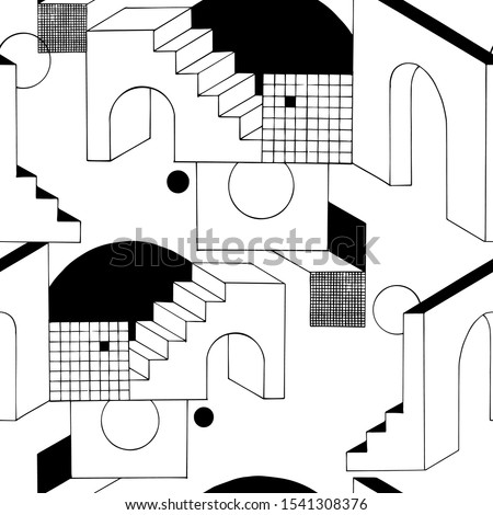 Unusual texture with abstract constructions in modern art style. Hand-drawn vector seamless pattern for your contemporary design.