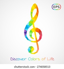 Unusual trendy colorful poly style g-clef isolated. Vector version