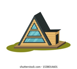 Unusual triangular house with horizontal windows. Vector illustration.