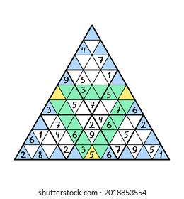 Unusual triangular sudoku game for kids and adults vector illustration. Place 1-9 numbers in each big triangle, blue and green lines just once