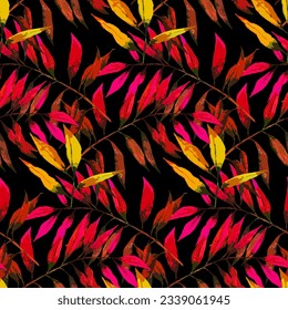 Unusual tropical abstract seamless background with multicolor leaves. Hawaiian motifs. Wallpaper in the fashionable style of Junglow. Vector botanical illustration.