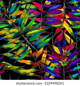 Unusual tropical abstract seamless background with multicolor leaves. Hawaiian motifs. Wallpaper in the fashionable style of Junglow. Vector botanical illustration.