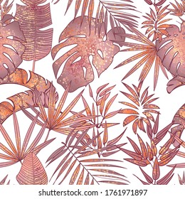 Unusual tropical iridescent seamless background with Monstera leaves and palm branches. Hawaiian motifs. Wallpaper in the fashionable style of Junglow. Vector botanical illustration.