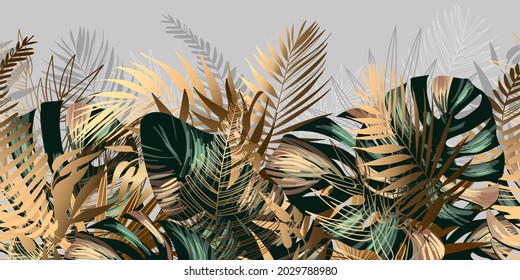 Unusual tropical iridescent seamless background with Monstera leaves and palm branches. Hawaiian motifs. Wallpaper in the fashionable style of Junglow. Vector botanical illustration.