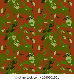 Unusual UFO camouflage - seamless vector pattern. Colorful print in bright orange color and different shades of green. Bright abstract background, wallpaper, backdrop, cover, decoration