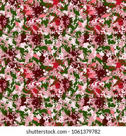 Unusual UFO camouflage - seamless vector pattern. Colorful print in red, pink and green colors with snowflakes or flowers. Bright abstract background, wallpaper, backdrop, cover, decoration