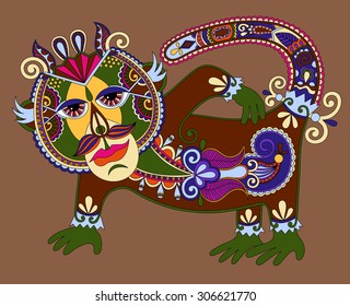 unusual Ukrainian traditional tribal art in karakoko style, folk ethnic animal - monkey, vector illustration