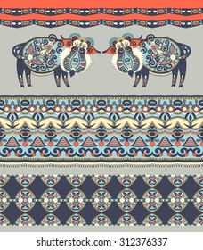 unusual Ukrainian traditional tribal art in karakoko style, folk ethnic animal - wild boar with seamless ethnic stripe pattern, vector illustration