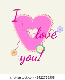 An unusual valentine for Valentine's Day - the holiday of all lovers, suitable for connoisseurs of handicrafts or needlewomen. Image of a cute cardboard heart and the inscription "I love you"
