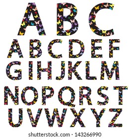 Unusual vector alphabet with butterflies on black letters