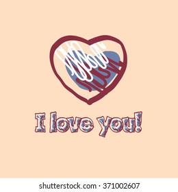 Inusual tarjeta vectorial de saludo para el Día de San Valentín con corazón dibujado a mano y texto que te amo