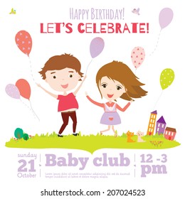 Unusual vector happy birthday invitation card with smiling and happy jumping kids in vintage hipster style. Bright background with balloons, sky, flowers, trees, grass. Cute boys and girls. 