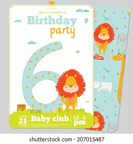 Unusual vector invitation happy birthday card on party with funny and happy animals in cartoon and cute style. Bright background with balloons, sky, flowers, trees, grass. Cute zoo seamless pattern. 