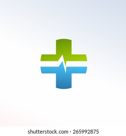 Unusual vector logo. Pulse in medical cross. Blue and green color logotype. Pharmacy abstract symbol.