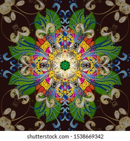 Unusual vector ornament. Boho abstract seamless pattern. Intricate floral design element for wallpaper, gift paper, fabric print, furniture. Colorful colored tile mandala on a green and brown colors.
