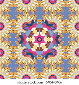 Unusual vector ornament decoration. Boho abstract seamless pattern. Intricate floral design element for wallpaper, gift paper, fabric, furniture. Colorful colored tile mandala on a blue background.