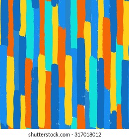 Unusual vector painted seamless pattern, brush strokes. Blue yellow orange grunge geometric background. Distress texture. Vertical irregular striped ornament design. Wallpaper, fabric print, furniture