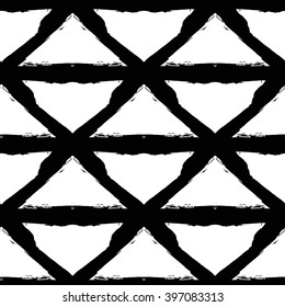Unusual vector painted seamless pattern, brush strokes. Grunge geometric background. Distress texture striped ornament. Black and white triangle design elements. Wallpaper, fabric print, furniture.