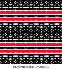 Unusual vector painted seamless pattern, brush strokes. Dark grunge geometric background. Distress texture. White, black and red cross striped design elements. Wallpaper, fabric print, furniture.