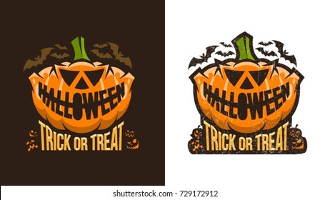 Unusual vintage halloween logo with pumpkin and lettering. Variants for dark and light backgrounds. Worn texture on  separate layer and can be easily disabled.