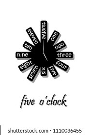 Unusual wall clock shows five o'clock, black and white, isolated on white background, vertical vector illustration