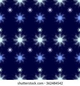 Unusual winter seamless pattern with blue transparent snowflakes. Contrasting backdrop in muted blue colors