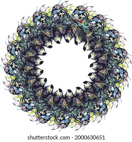Unusual wreath created by running horses colorful splashes on white. Wreath or frame in dark tones with arrow elements for greeting cards, textiles, backgrounds and textures, etc.