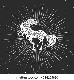 Unusual/Creative typographic poster with horse. Wild and beautiful. Starburst with ray. Grunge texture. T-shirt design, label, decor elements, greeting and postal cards. Vector illustration