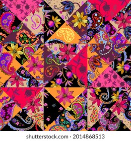 Unusually bright seamless patchwork pattern of triangles with flowers and paisley. Very nice print for fabric. Ethnic motives.