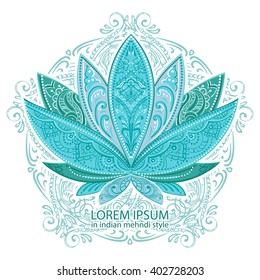 unusually Vector  image of a lotus, ornate paisley mandala and mehendi. Great for greeting cards, yoga, Store spices, ethnic shop and printing.