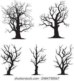 Unveil the eerie charm of this set of 5 spooky dead tree vector silhouettes, perfect for adding a haunting touch to your Halloween-themed designs.