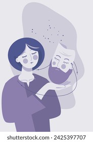 Revelando identidad oculta: joven mujer se quita la máscara de un hombre con una barba. Mujer disfrazada de hombre, concepto de autenticidad e identidad oculta o de género. Ilustración vectorial plana en púrpura.