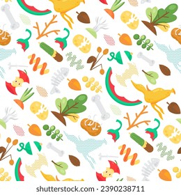 Unwanted food leftovers seamless pattern with compost, vegetables, fruit, fish, greens, peel. Ornate for printing on fabric, wrapping and packaging. Vector isolated on white background