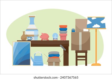 Unwanted stuff for garage sale on white background