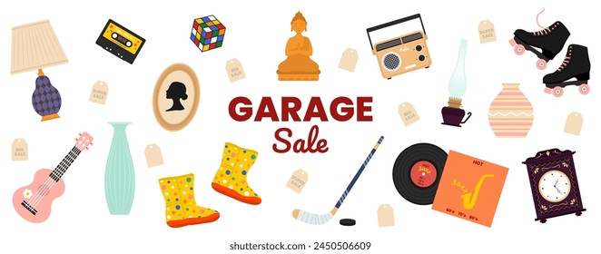 Unwanted stuff for garage sale on white background