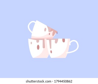 Unwashed cups semi flat RGB color vector illustration. Stack of dirty cups with coffee stains isolated cartoon objects on blue background. Caffeine addiction, laziness and bad hygiene