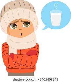 Unwell Boy Wanting To Drink Warm Milk Vector Illustration. Sad child on winter clothing thinking about hot drink