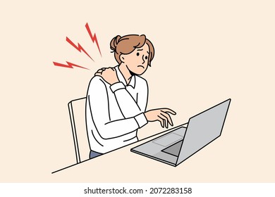 Unwell businesswoman sit at desk work on laptop suffer from neck pain overwhelmed with sedentary lifestyle. Unhealthy woman struggle with backache. Overwork. Flat vector illustration. 