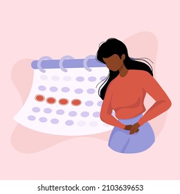 Unwell dark skin Woman suffering from stomachache, abdominal pain. Female period problems. Girl having period, premenstrual syndrome, PMS, menstruation, calendar. 